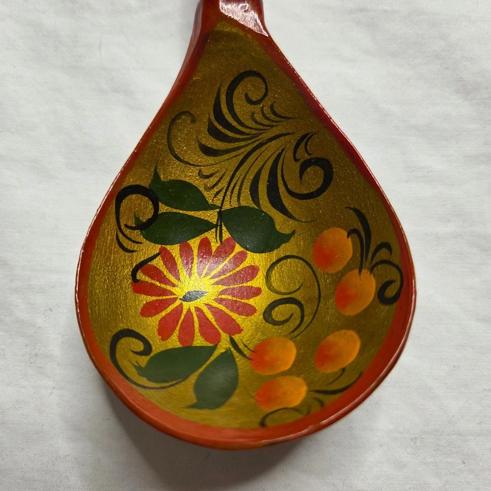 Hand Painted Wooden Spoon Russian Khokhloma Style Floral‎ Design Gold Red Green